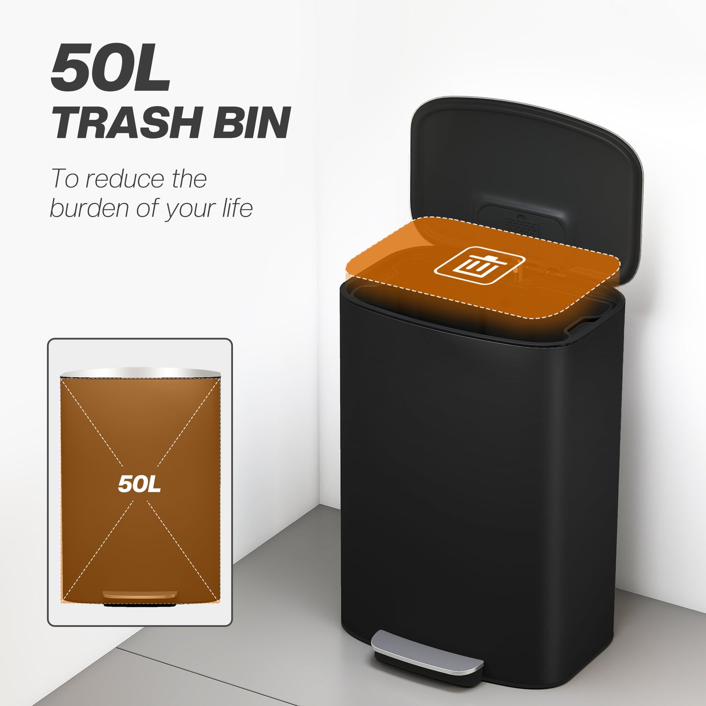 50L Kitchen Bin with Soft-Close Lid and Stay-Open Function, Stainless Steel Pedal Bin with Removable Inner Bucket