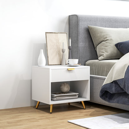 Elegant Bedside Table, with Drawer and Shelf - White/Gold Tone