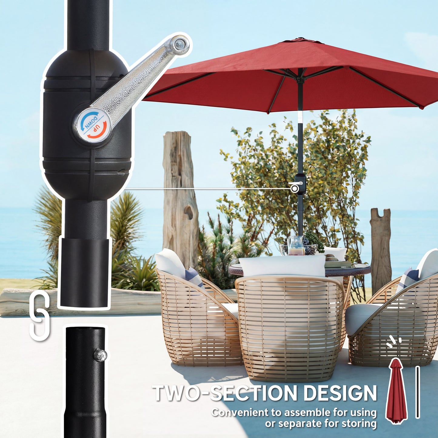 2.6 m Garden Parasol Umbrella with Aluminium Pole, Outdoor Patio Umbrella with Tilt and Crank, Vent, Wine Red