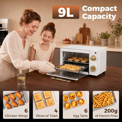 Mini Oven, 9L Countertop Electric Grill, Toaster Oven with Adjustable Temperature and Timer, 750W, White