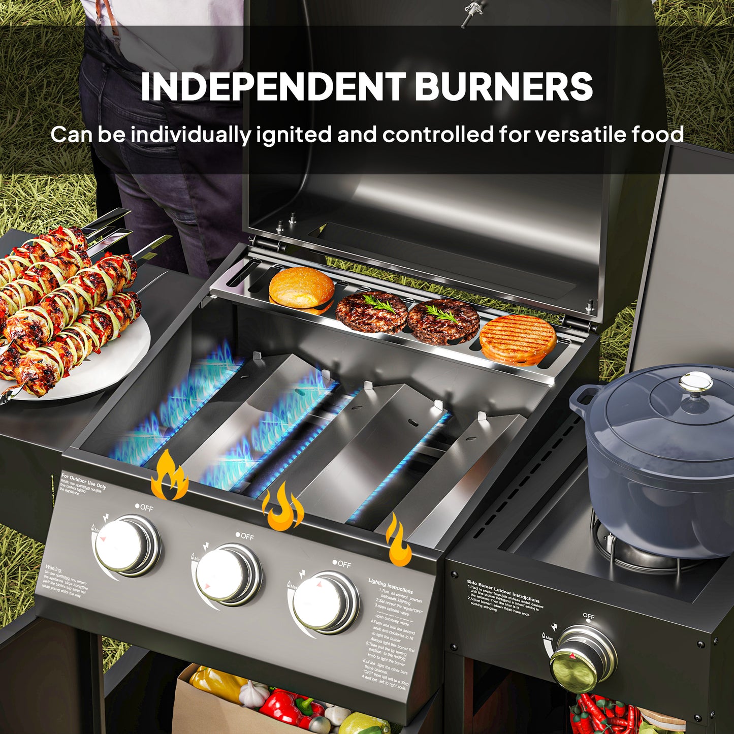 3+1 Burner Gas BBQ Grill with Storage Cabinet and Shelves, 9.5 kW Gas Barbecue Trolley with 6 Castor Wheels, Warming Rack