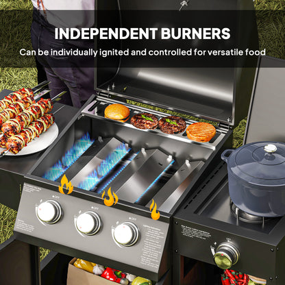3+1 Burner Gas BBQ Grill with Storage Cabinet and Shelves, 9.5 kW Gas Barbecue Trolley with 6 Castor Wheels, Warming Rack