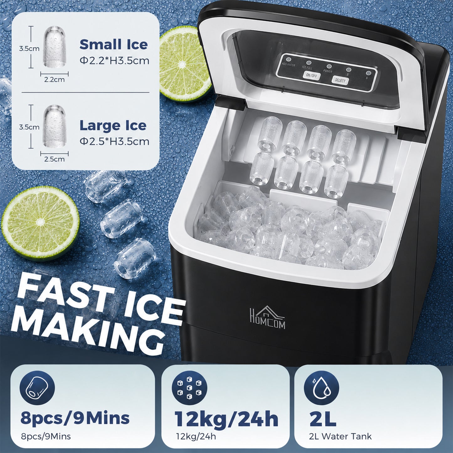 12kg Countertop Ice Cube Machine, with Scoop - Black