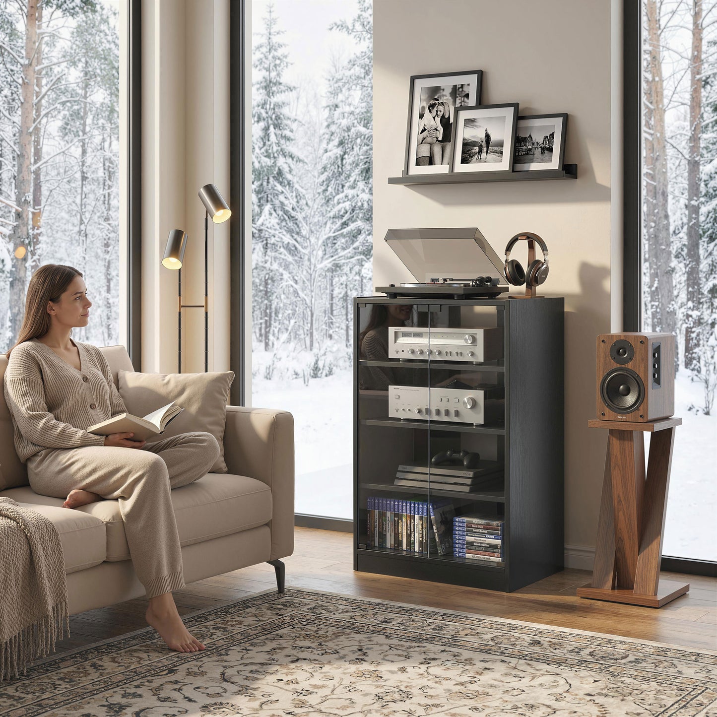 4-Tier Hi-Fi Stand, Record Player Stand with Adjustable Shelves and Push-to-Open Glass Doors, Black Wood-Effect