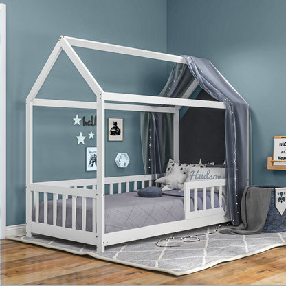 House-Shaped Kids Bed Frame with Guard Rails, Solid Pine Wood Single Bed Frame for Kids Boys and Girls