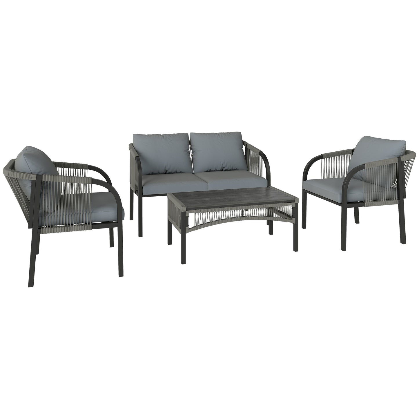 4 Piece Rattan Garden Furniture Set with Loveseat, Armchairs, Table, Steel Frame Wicker Patio Conversation Set, Grey
