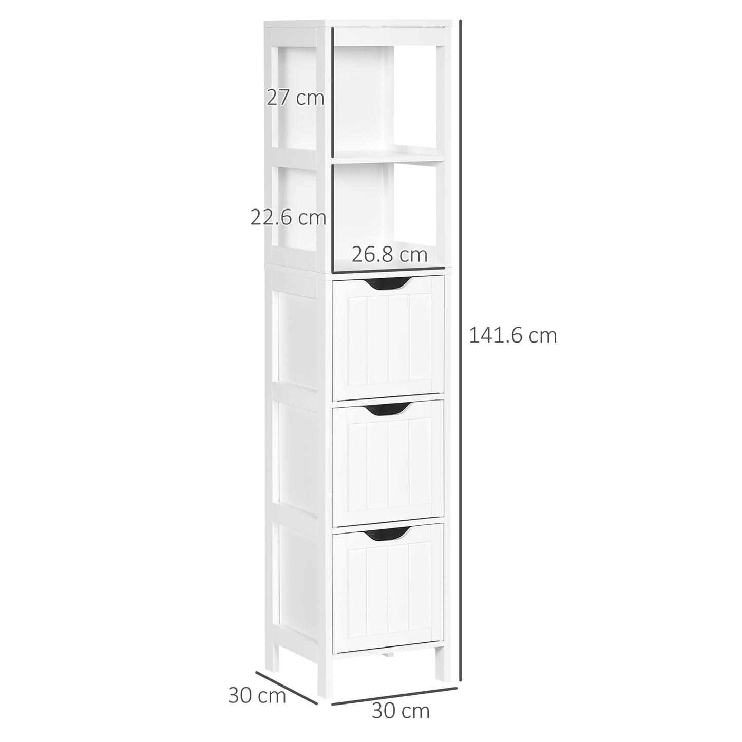 Narrow Floor Cabinet, Bathroom Cabinet with 3 Drawers and 2 Open Shelves, 30W x 30D x 141.6Hcm, White