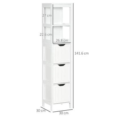 Narrow Floor Cabinet, Bathroom Cabinet with 3 Drawers and 2 Open Shelves, 30W x 30D x 141.6Hcm, White