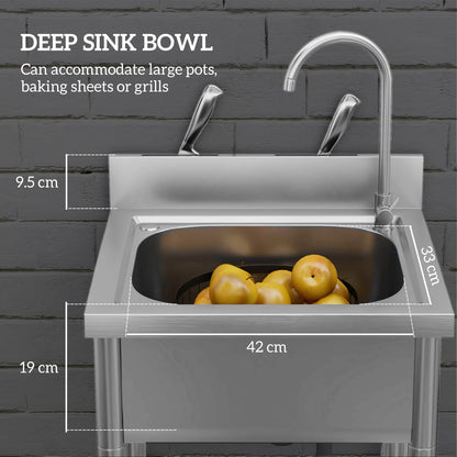 Outdoor Utility Sink, Stainless Steel Free Standing Single Bowl Kitchen Sink with Cold and Hot Water Pipe and Storage Shelf f
