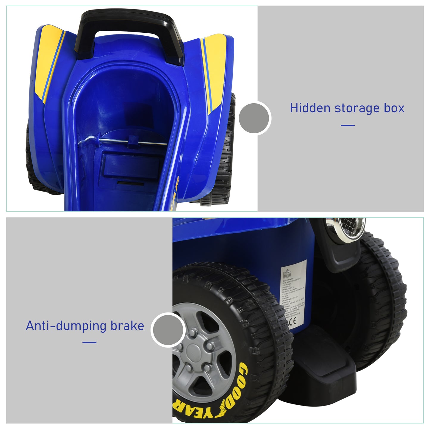 Baby Quad Bike Kids Ride On Car Goodyear Licensed Walker Foot To Floor Slider NO POWER w/ Lights Horn Storage Blue for 18-36