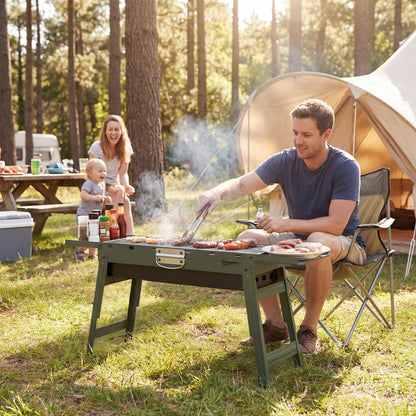 Portable BBQ Grill, Foldable Charcoal Grill for Camping and Picnics with 2 Side Shelves and Handle, Green