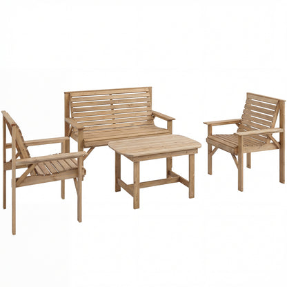 4 Piece Wooden Garden Furniture Set, Outdoor Garden Sofa Set with 2 Armchairs, Loveseat and Coffee Table, Natural Wood
