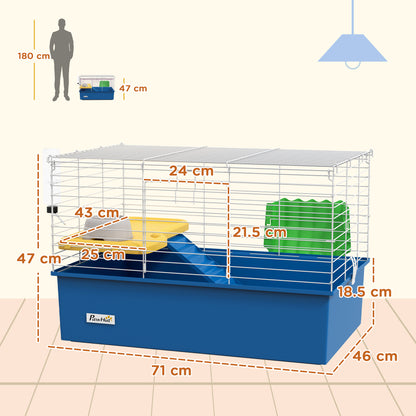 Chinchillas Small Rabbit Guinea Pig Small Animal Cage, Pet Playhouse, with Platform, Ramp, 71 x 46 x 47cm, Blue