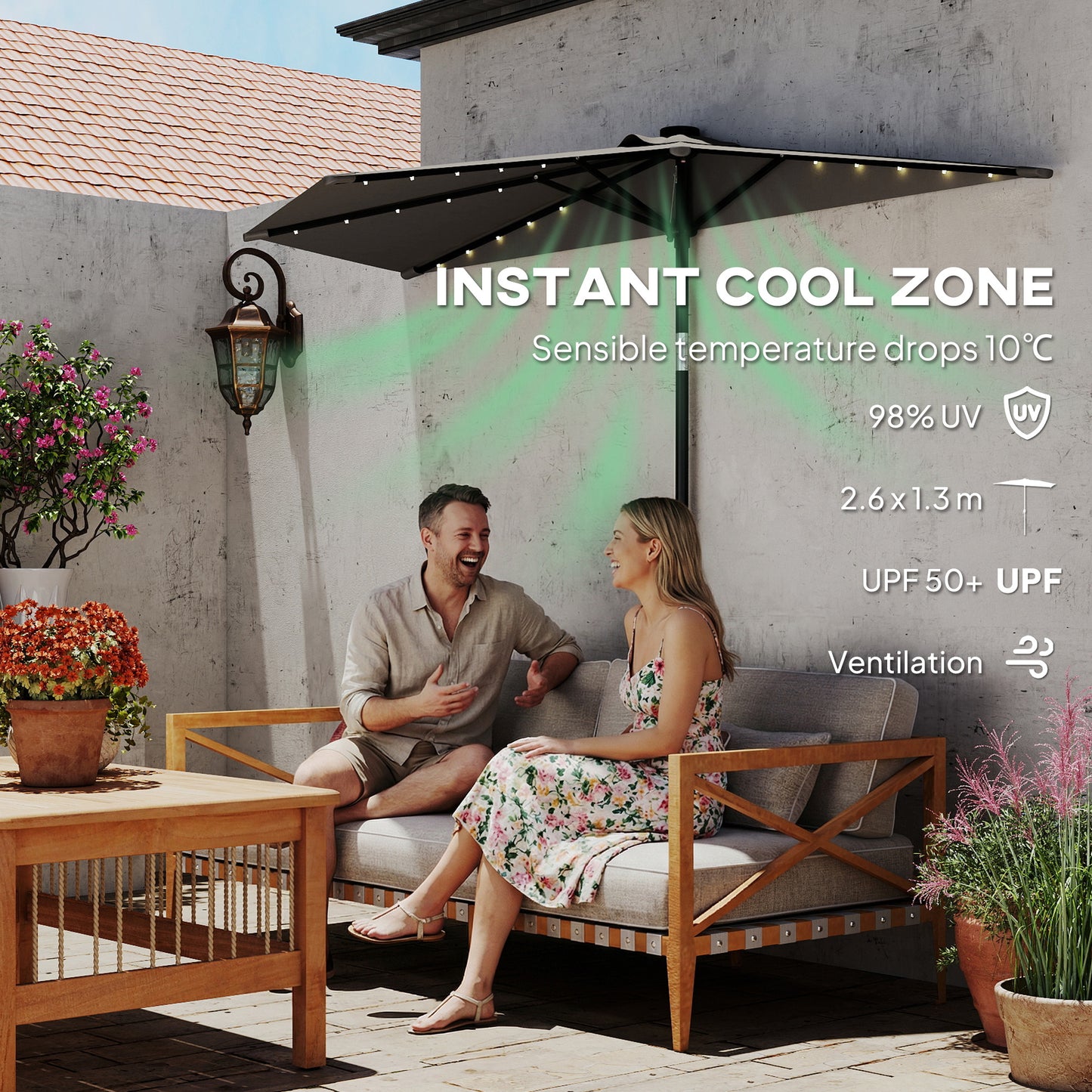 2.6 m Half Garden Parasol with Solar LED Lights, UPF50+ Semi Round Umbrella with 30° Tilt, Crank Handle, Dark Grey