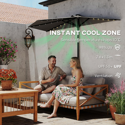2.6 m Half Garden Parasol with Solar LED Lights, UPF50+ Semi Round Umbrella with 30° Tilt, Crank Handle, Dark Grey