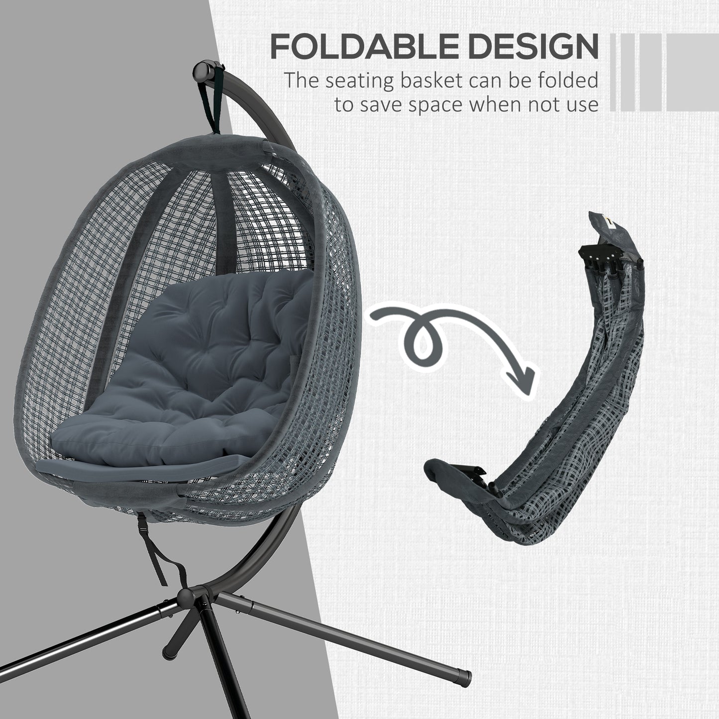 Outdoor Swing Chair with Thick Padded Cushion, Patio Hanging Chair with Metal Stand, Egg Chair with Foldable Basket