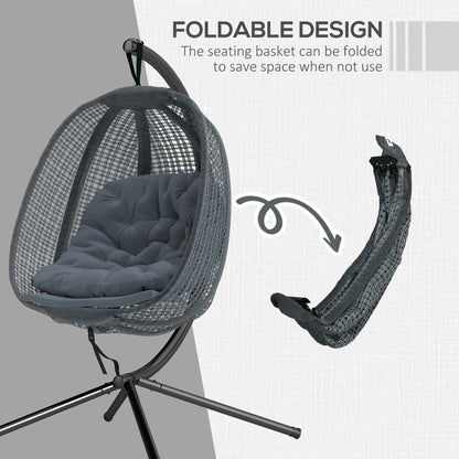 Outdoor Swing Chair with Thick Padded Cushion, Patio Hanging Chair with Metal Stand, Egg Chair with Foldable Basket
