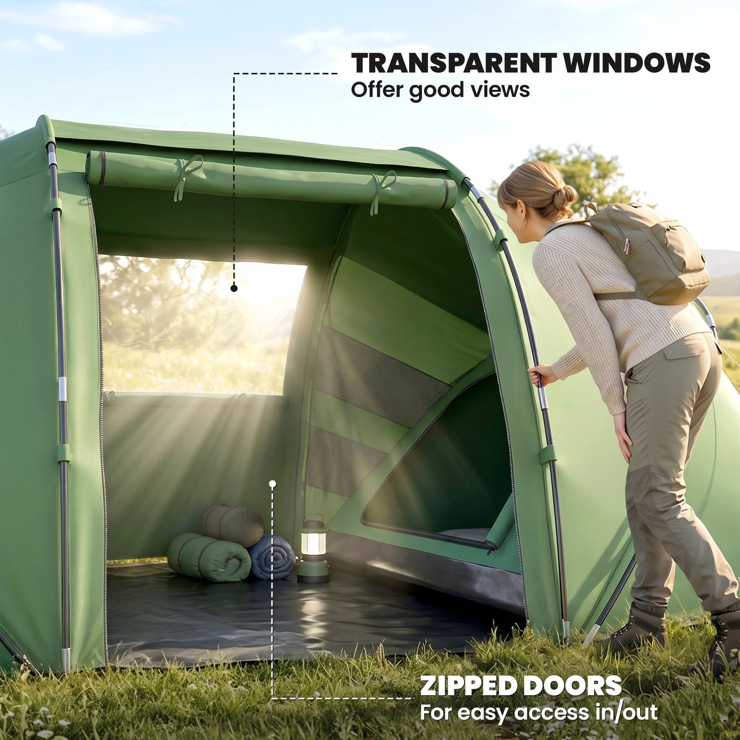 4 Man Camping Tent, UV Protection Tunnel Tent with 2 Bedrooms and Living Area, Large Hiking Sun Shelter, 430 x 240 x 170 cm