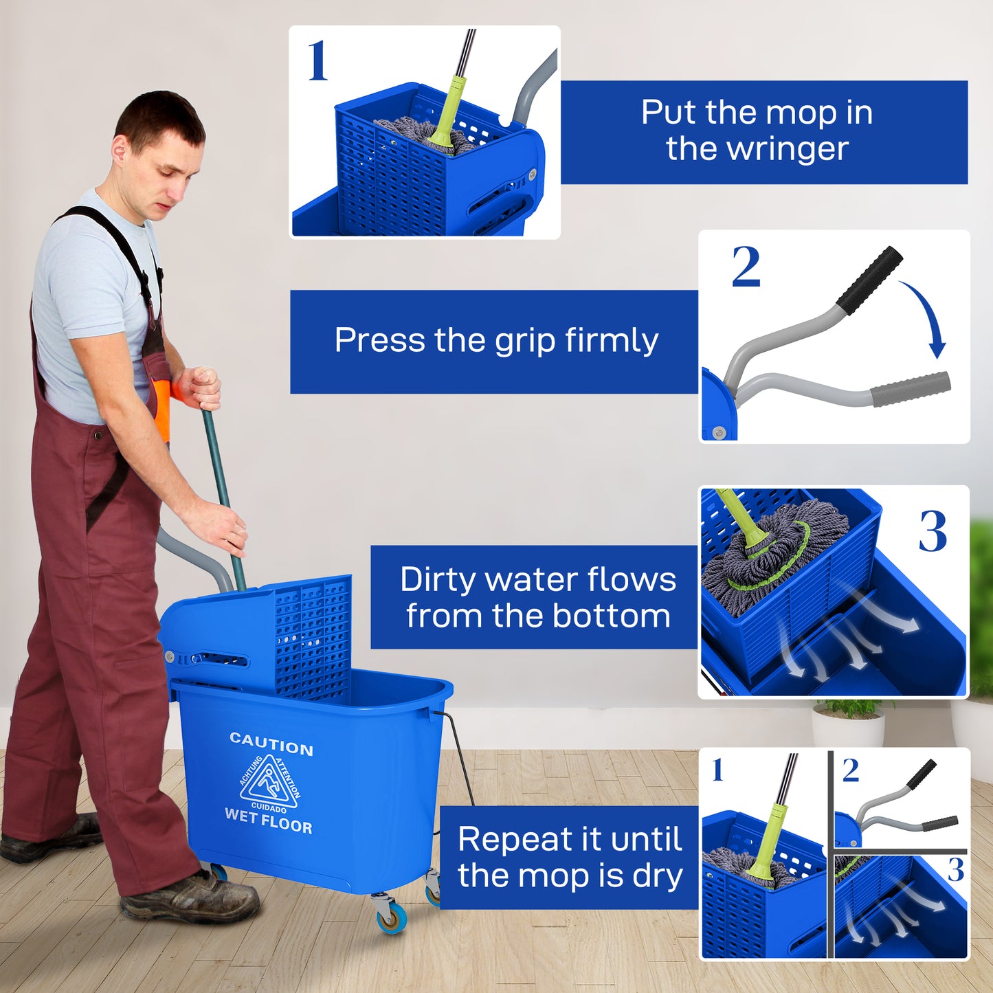 20L Compact Mop Bucket on Wheels, with Water Separation Panel - Blue