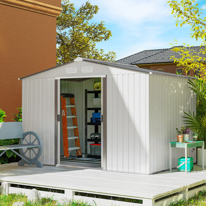 Metal 9 x 6FT Bike Shed, Mobility Scooter Shed House with Foundation Kit, Ventilation, Silver