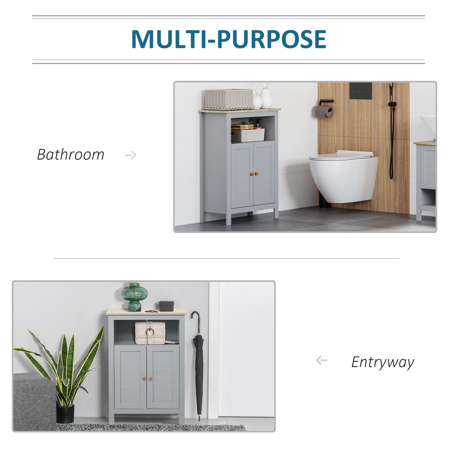 Bathroom Floor Cabinet, Free Standing Cupboard with Double Doors and Adjustable Shelf for Kitchen, Hallway, Living Room, Grey