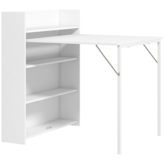 Kitchen Table, Folding Dining Table, with 4-Tier Shelves, Modern Drop-Leaf Table, White