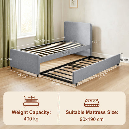 3ft Single Bed Frame with Trundle, Upholstered Pull Out Trundle Bed with Headboard and Footboard, Light Grey