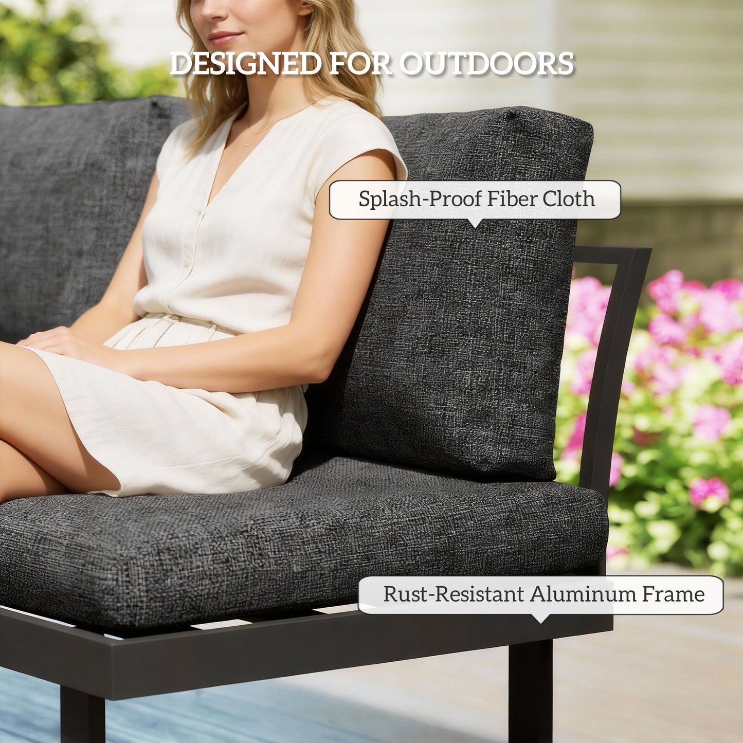 4 Seater L Shaped Aluminium Sectional Garden Furniture Set with 2 Loveseats and Wood-Plastic Coffee Table - Natural Wood