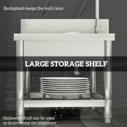 Outdoor Utility Sink, Stainless Steel Free Standing Single Bowl Kitchen Sink with Cold and Hot Water Pipe and Storage Shelf f
