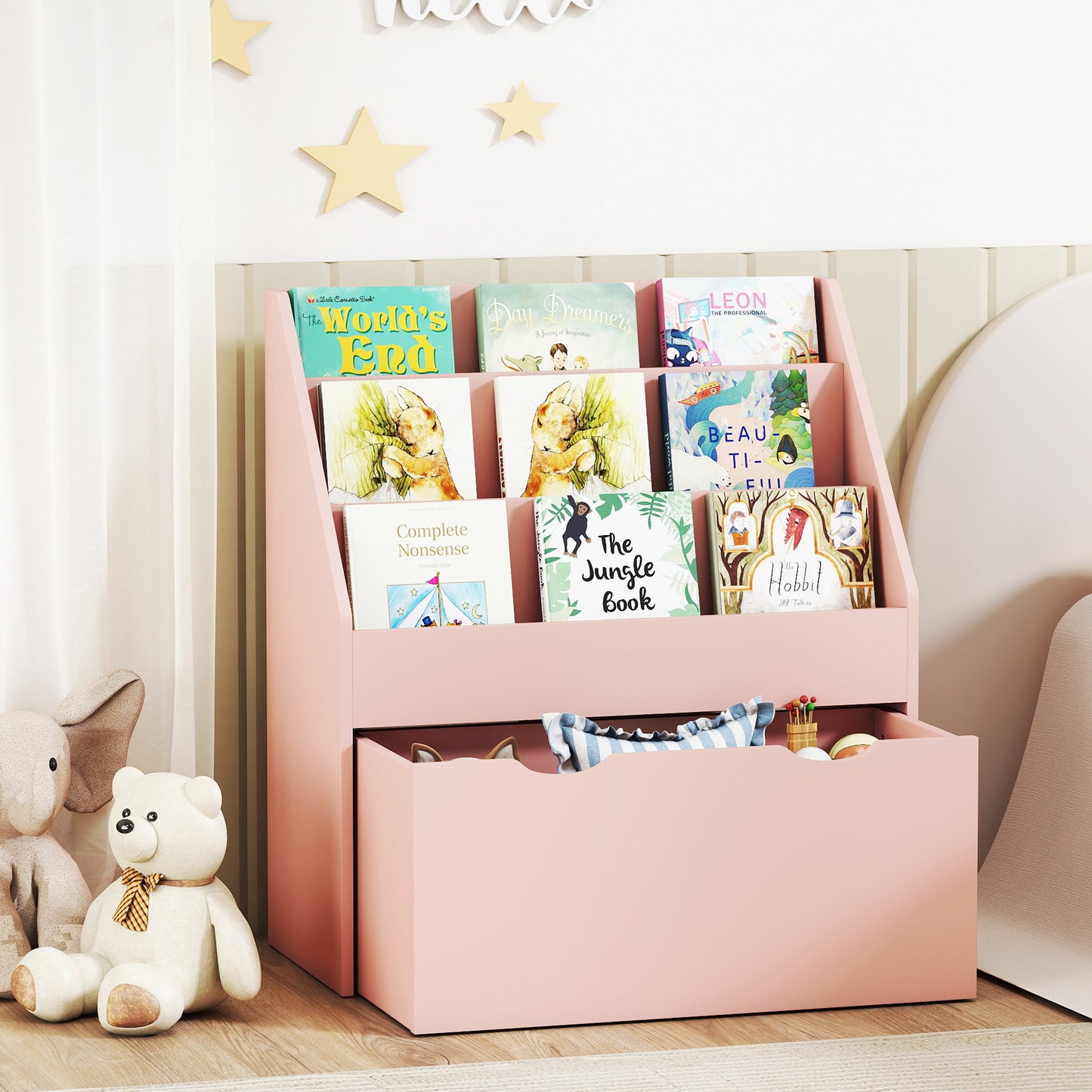 Bookcase for Kids with Shelves, Drawer, Bookcase for Bedroom, Playroom, Pink