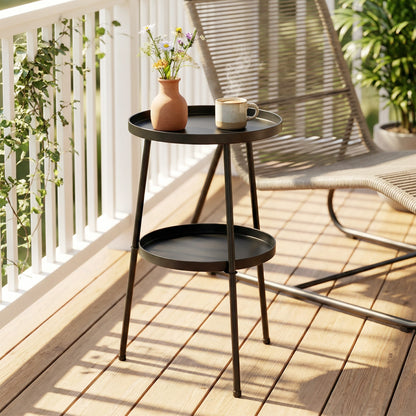 Patio Side Table, 2-Tier Round Coffee End Table for Garden Balcony Living Room Bedroom, Black