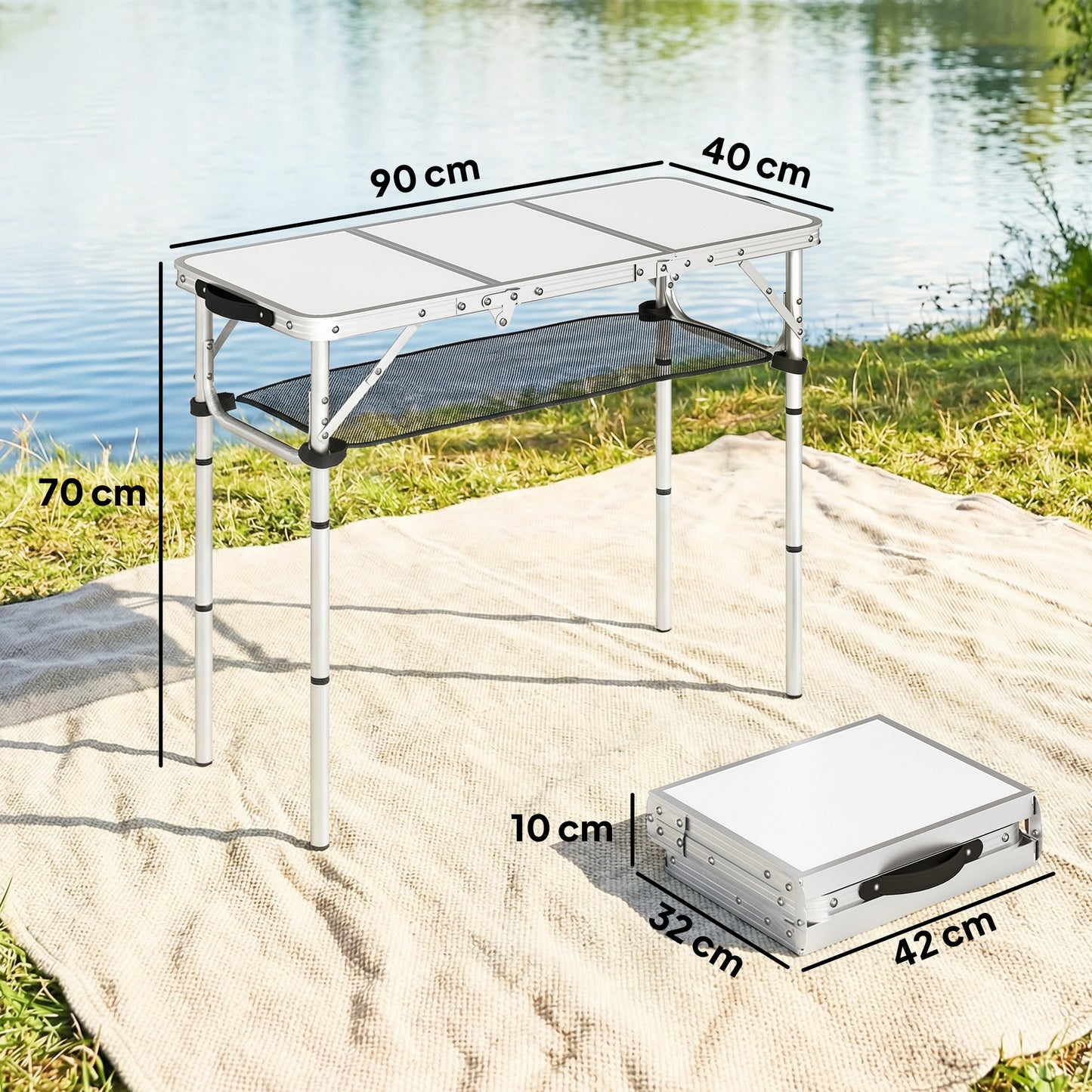 3ft Folding Camping Table, Picnic Table with Mesh Storage Layer, Carrying Bag and Metal Frame, Cream White