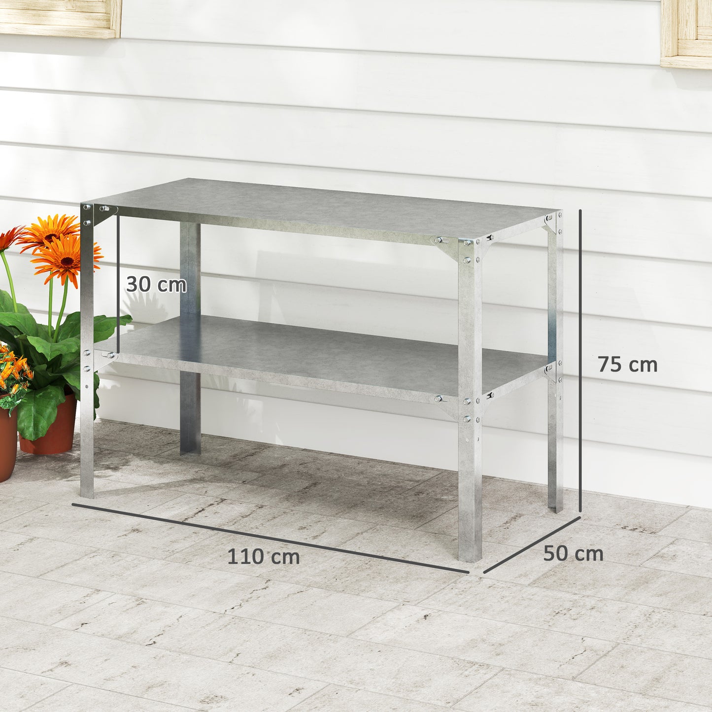 2 Tier Potting Bench Table, Galvanised Steel Garden Planting Work Bench Workstation with Storage Shelf for Outdoor, Patio