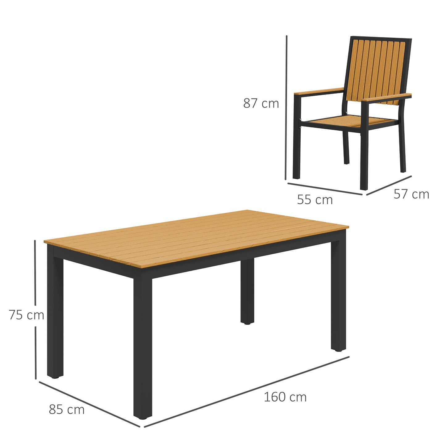 6 Seater Garden Dining Set with Stackable Chairs, Aluminium Frame, Rectangular Plastic Top, Garden Furniture Set, Nature Wood