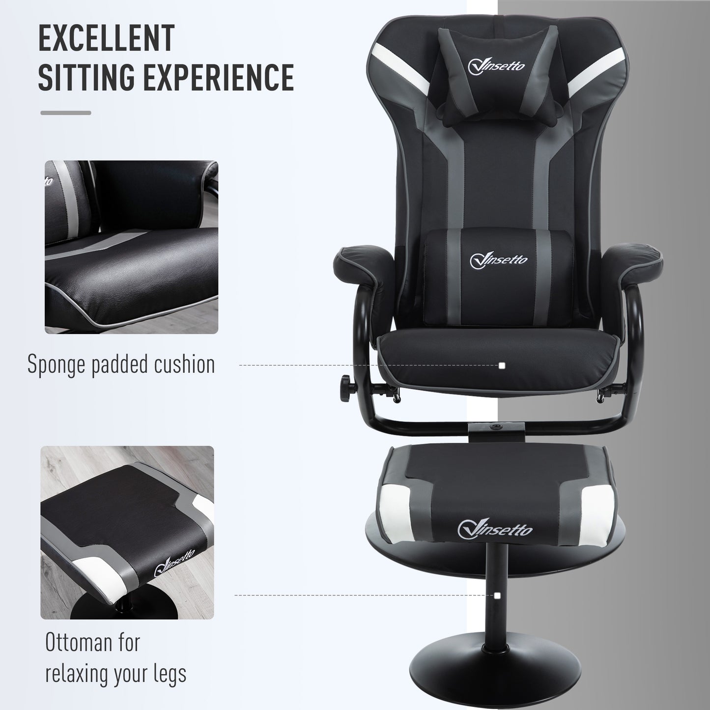 Reclining Chair and Stool Set, Recliner Chair with Headrest, Gaming Chair with Lumbar Support, Pedestal Base for Home Office