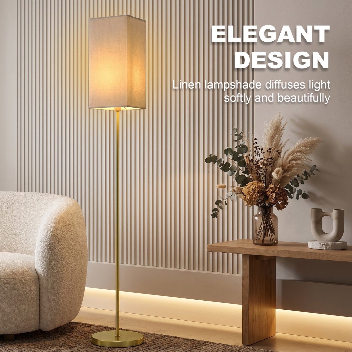 Floor Lamp, Modern Standing Lamp with Linen Shade and Foot Switch, Tall Lamps for Bedroom, Bulb not Included, Gold Tone
