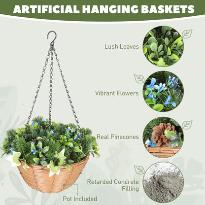 Pack of 2 Faux Plant Artificial Lisianthus Flowers, Hanging Planters with Basket, PE Leaves, 18 Flowers and 3 Pinecones