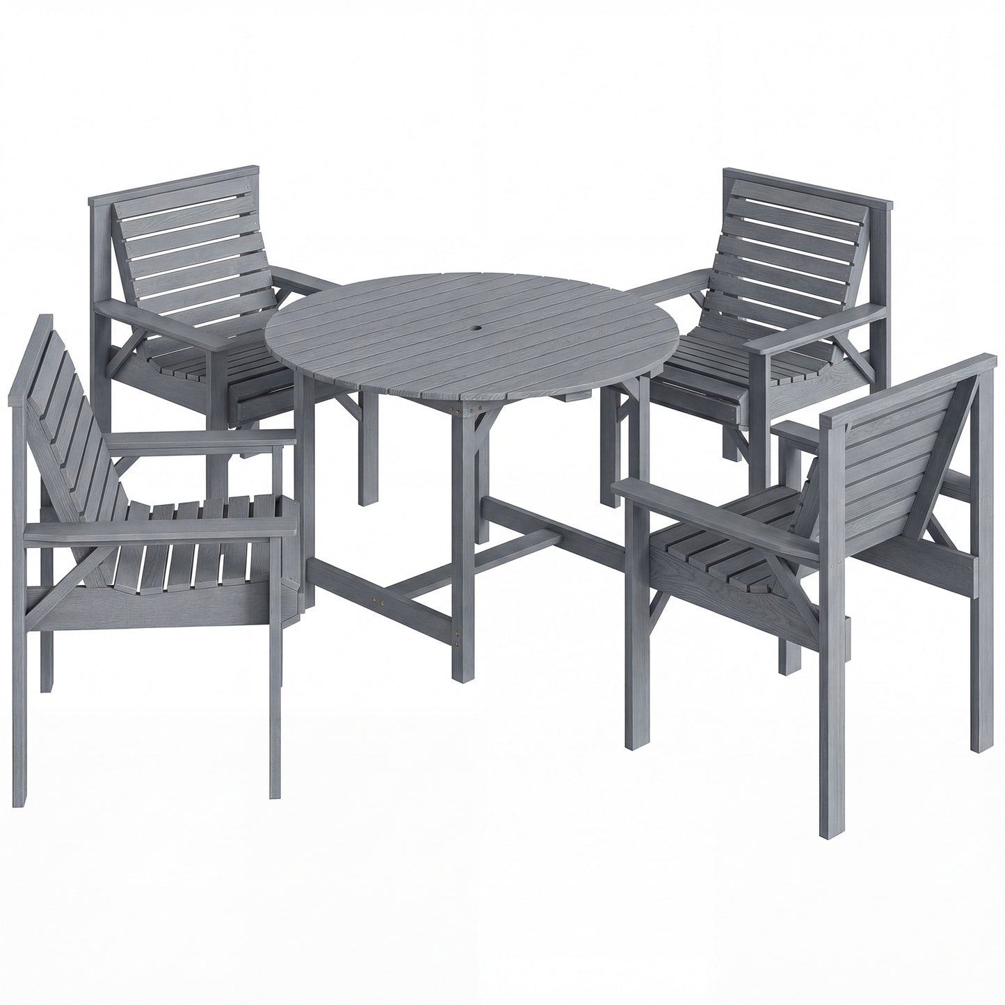 5 Pieces Garden Dining Set with Parasol Hole, Round Outdoor Table and Chairs, 4 Seater Wooden Garden Furniture, Grey