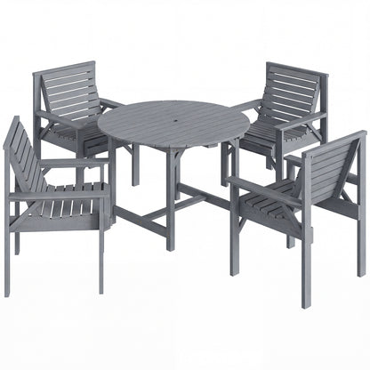 5 Pieces Garden Dining Set with Parasol Hole, Round Outdoor Table and Chairs, 4 Seater Wooden Garden Furniture, Grey
