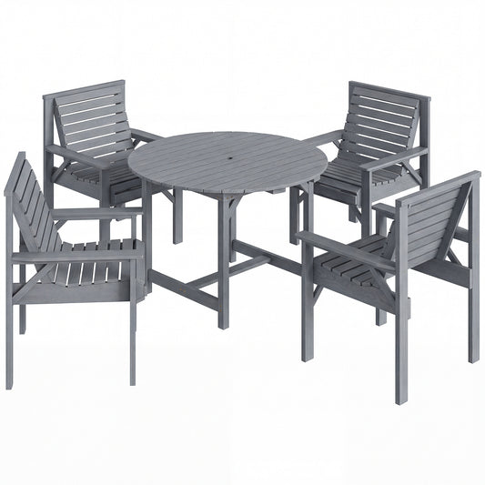 5 Pieces Garden Dining Set with Parasol Hole, Round Outdoor Table and Chairs, 4 Seater Wooden Garden Furniture, Grey