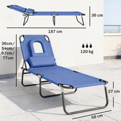 Folding Sun Lounger with Face Hole, 4-Position Adjustable Backrest Garden Recliner Chair Sunbed, Outdoor Lounge Chair