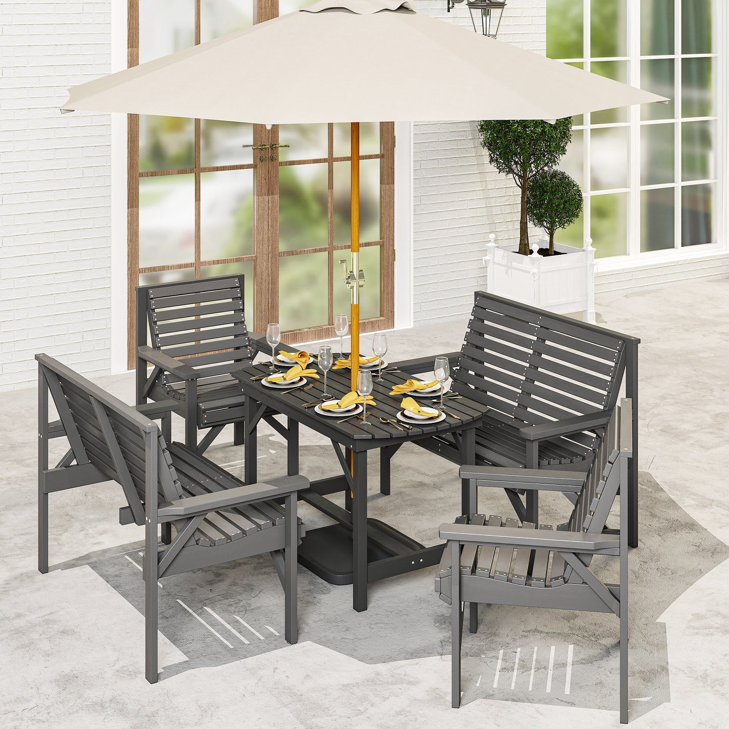 5 Piece Wooden Garden Dining Set for 6, Outdoor Conversation Set with 2 Armchairs, 2 Loveseats and Dining Table