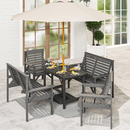5 Piece Wooden Garden Dining Set for 6, Outdoor Conversation Set with 2 Armchairs, 2 Loveseats and Dining Table