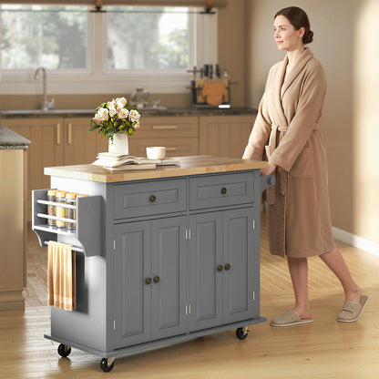 Rolling Kitchen Island Storage Trolley with Rubber Wood Top & Drawers for Dining Room, Grey
