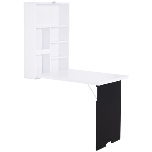 Folding Wall-Mounted Drop-Leaf Table, Convertible Wall Table With Chalkboard and Storage Shelf