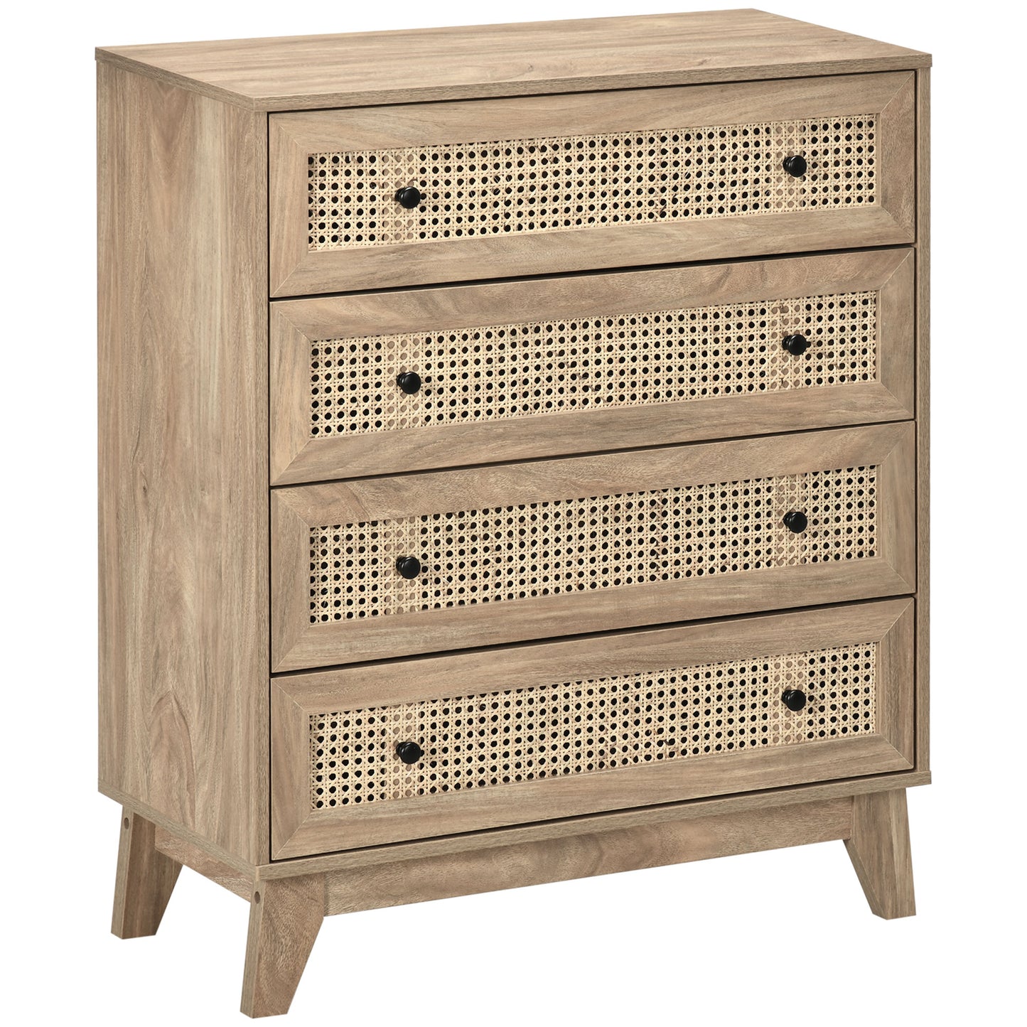 Storage Cabinet, 4-Drawer Unit with Rattan Element for Bedroom, Living Room, 80cmx35cmx95cm, Wood Effect