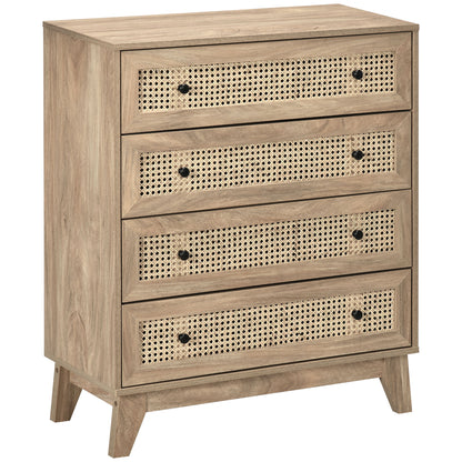 Storage Cabinet, 4-Drawer Unit with Rattan Element for Bedroom, Living Room, 80cmx35cmx95cm, Wood Effect