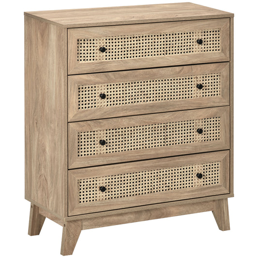 Storage Cabinet, 4-Drawer Unit with Rattan Element for Bedroom, Living Room, 80cmx35cmx95cm, Wood Effect