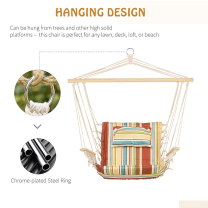Garden Outdoor Hanging Hammock Chair Thick Rope Frame Wooden Arms Safe Garden Outdoor Spot Stylish Multi-Color Stripe