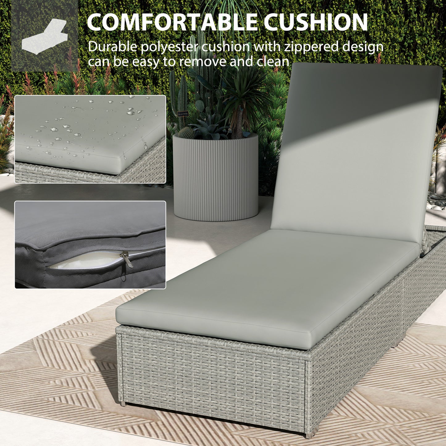 Rattan Sun Lounger, Five-Position Reclining Garden Lounger Bed with Cushion, Light Grey